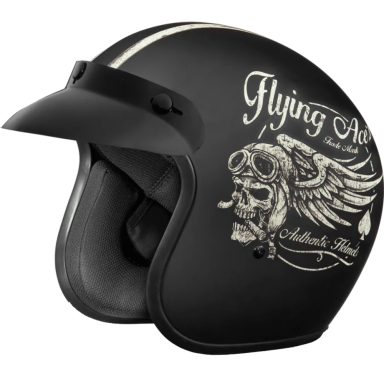 Black open-face motorcycle helmet with skull and wings Flying Ace design